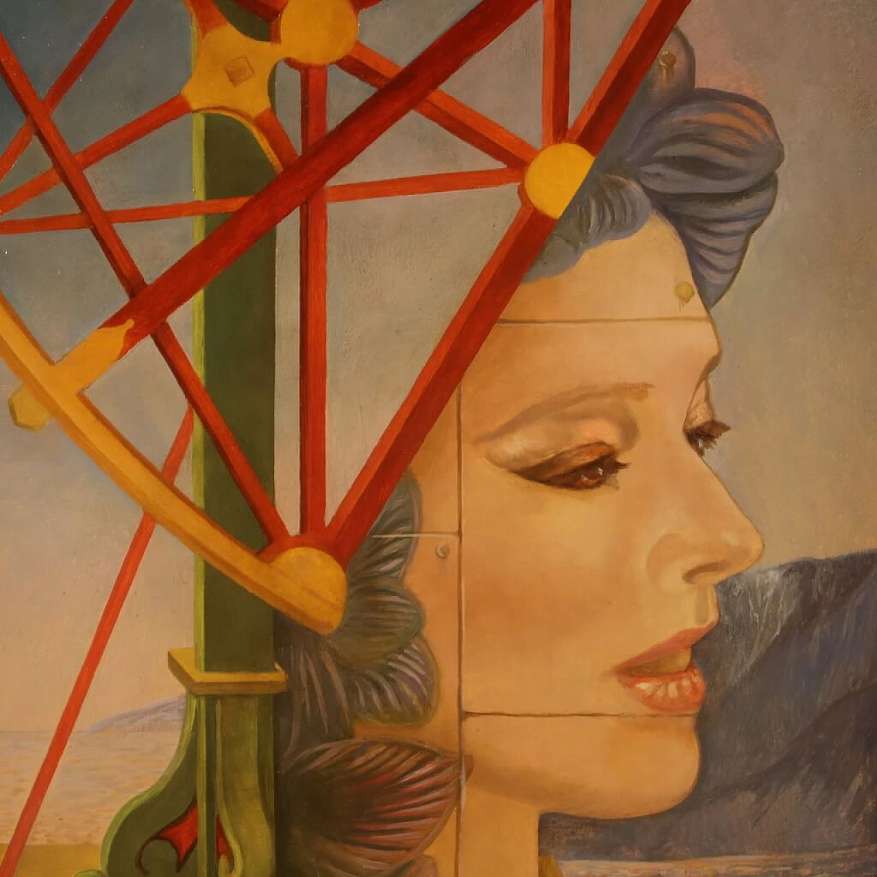 Jean Michel Lengrand, dipinto surrealista, olio su tavola, anni '80 7