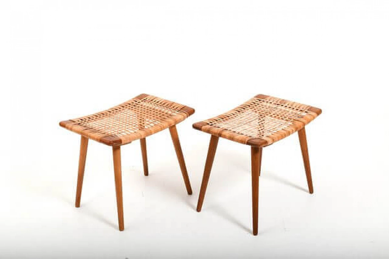 Pair of Danish teak, oak and bamboo stools, 1950s 6