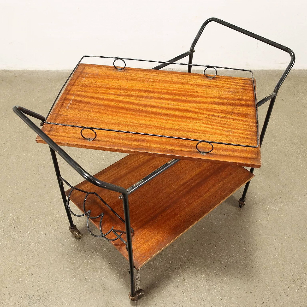 Enameled metal and mahogany veneered wood bar cart, 1960s 5