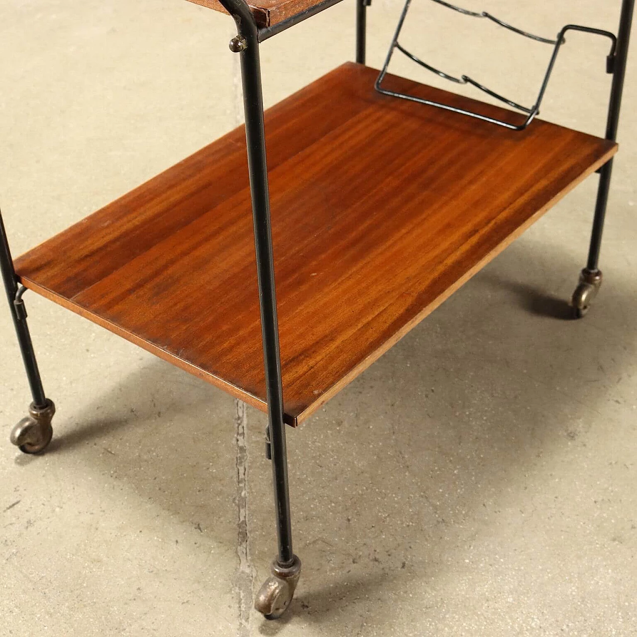 Enameled metal and mahogany veneered wood bar cart, 1960s 9