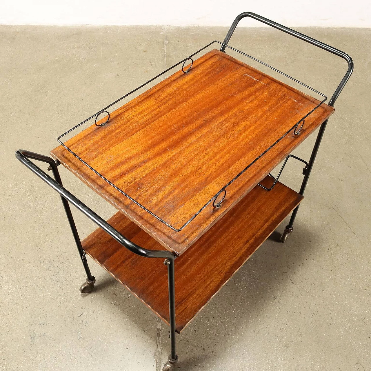 Enameled metal and mahogany veneered wood bar cart, 1960s 12