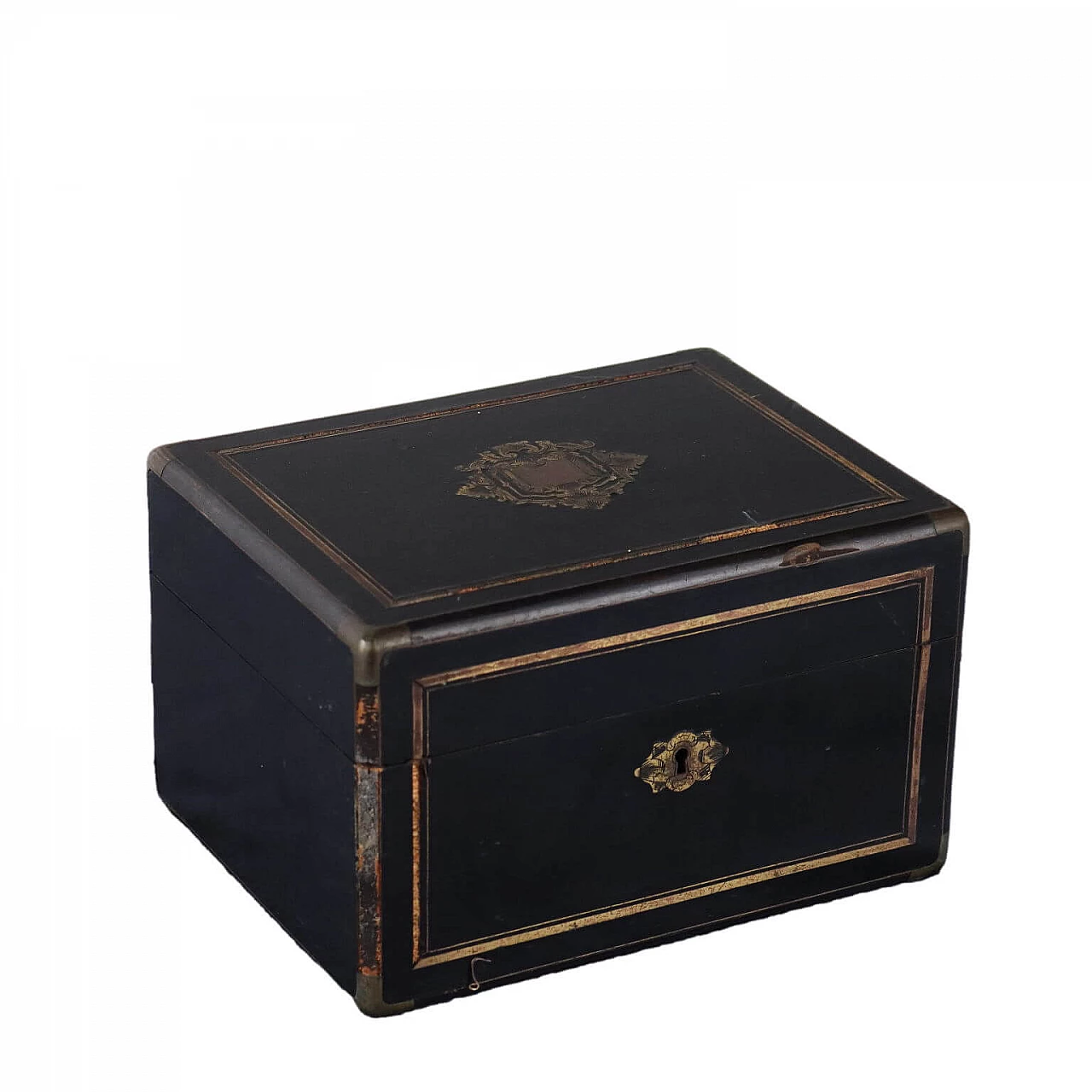 Ebony veneer sewing box with inlay and brass profiles, 19th century 1