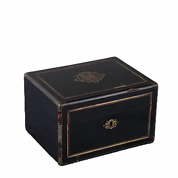 Ebony veneer sewing box with inlay and brass profiles, 19th century
