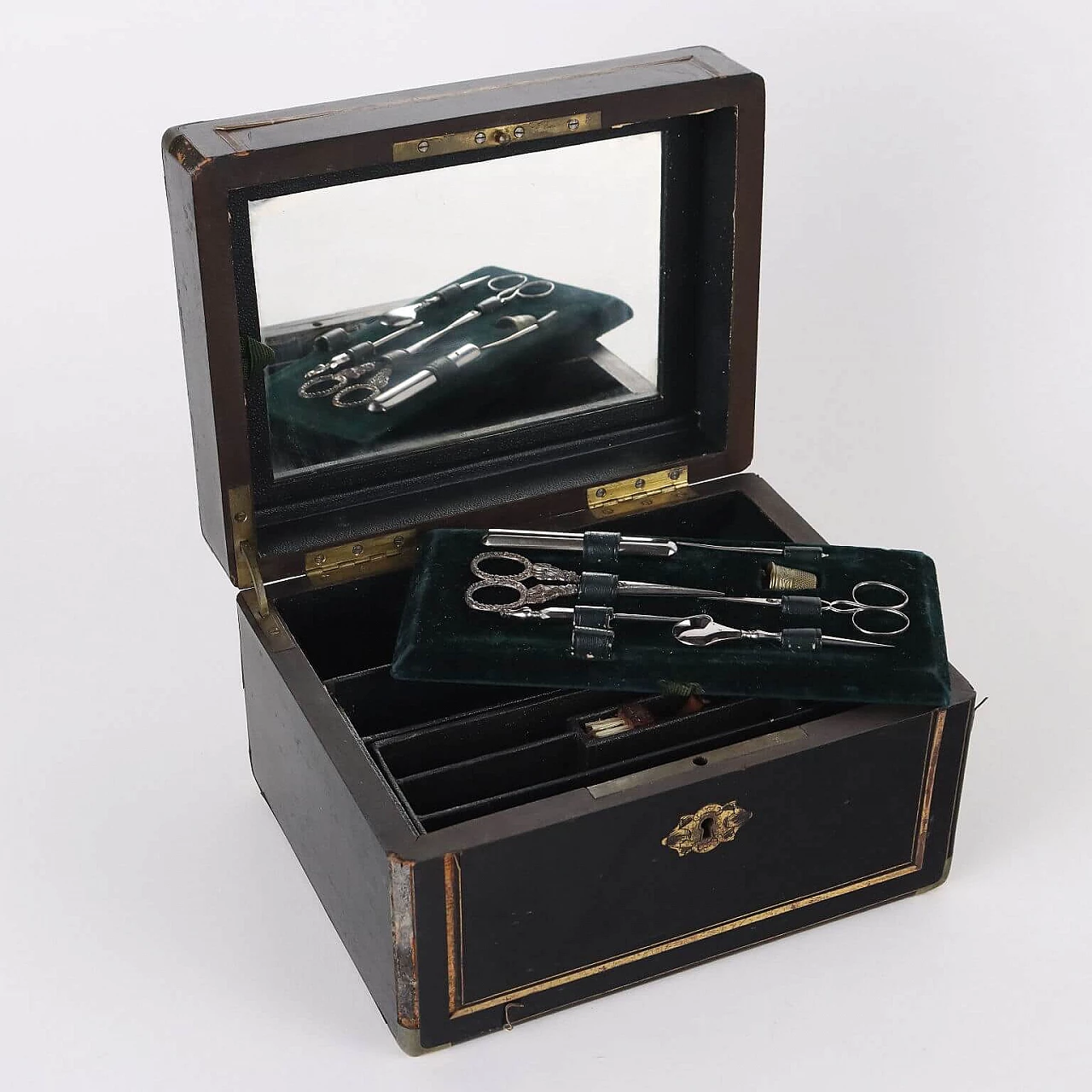 Ebony veneer sewing box with inlay and brass profiles, 19th century 4