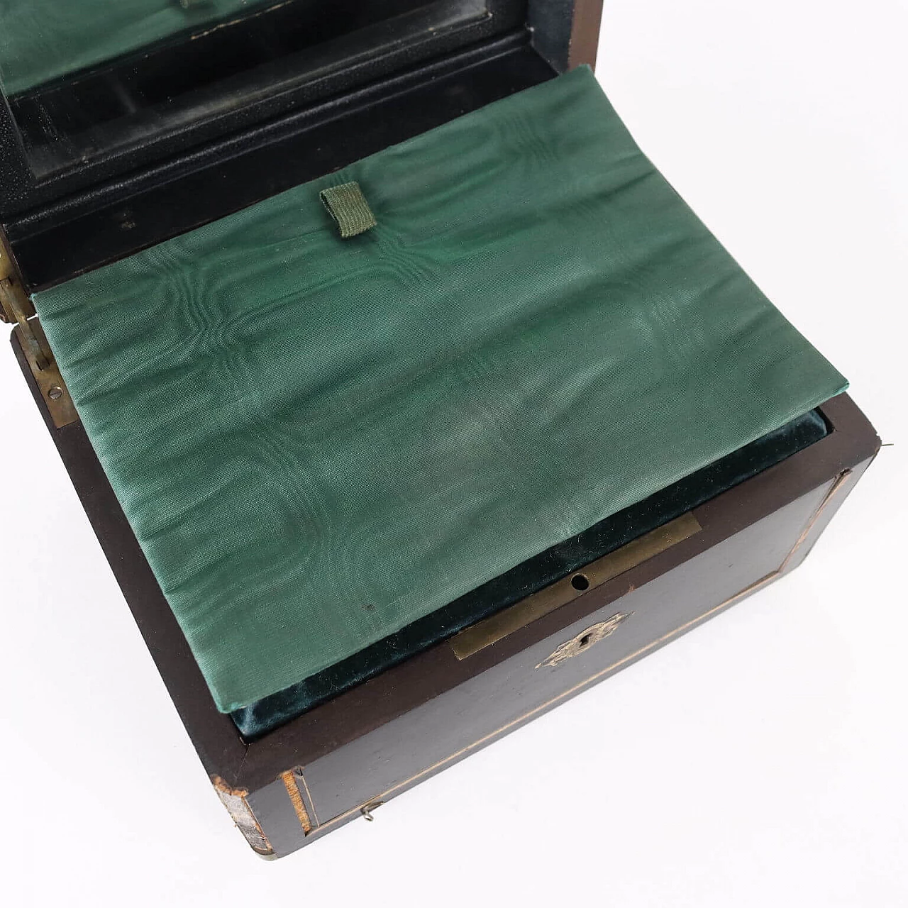 Ebony veneer sewing box with inlay and brass profiles, 19th century 14