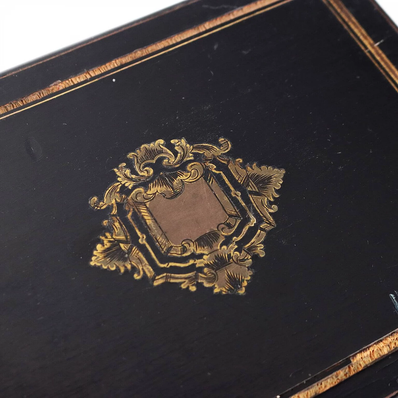Ebony veneer sewing box with inlay and brass profiles, 19th century 17