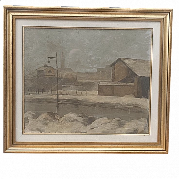 Olmedo Mezzoli, paesaggio con edifici, dipinto a olio su tela, 1932