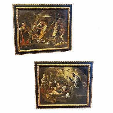 Coppia di dipinti a olio su tela napoletani con scene sacre, '600