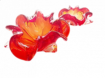 Pair of red Murano glass flower-shaped bowls, 1970s