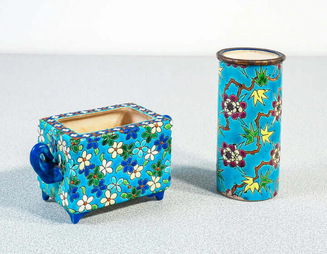 Ceramic and enamel box and vase by Emaux de Longwy, late 19th century 1