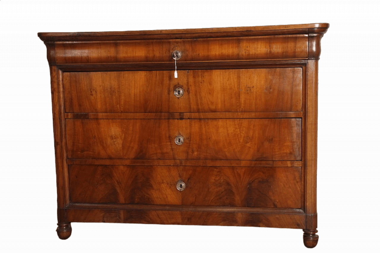 Louis Philippe cappuccino chest of drawers in solid walnut with pinecone feet, 1840 12