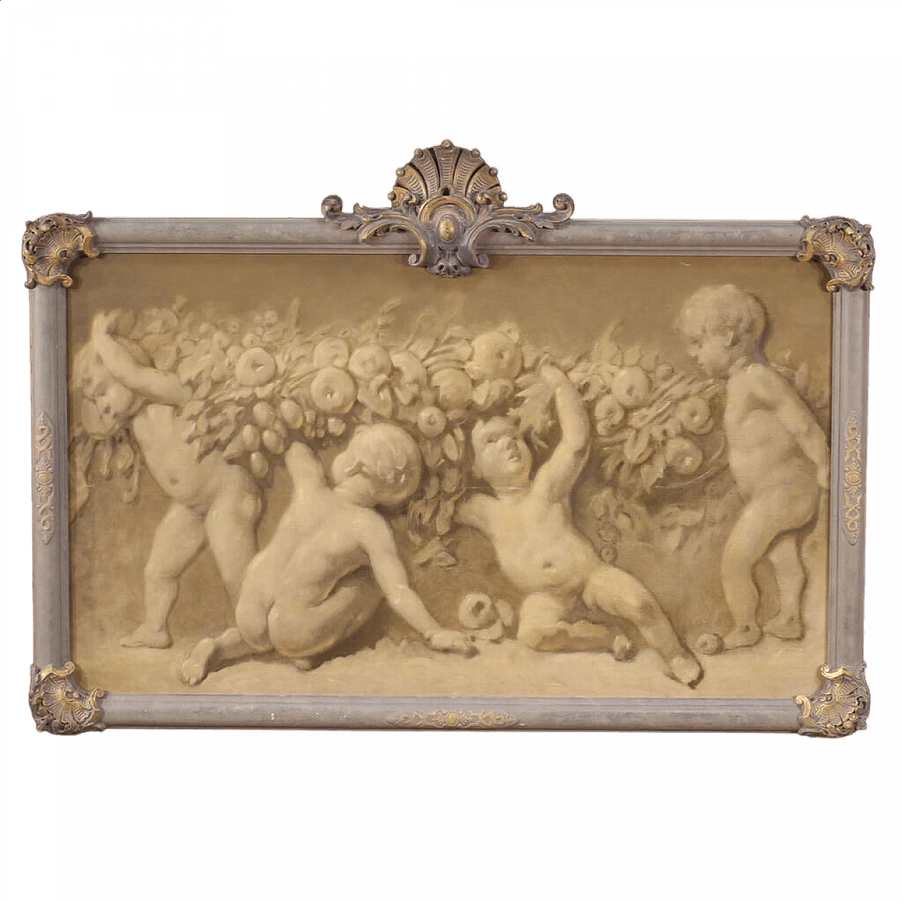 Putti with festoon in grisaille style, oil on canvas, 1920s 13