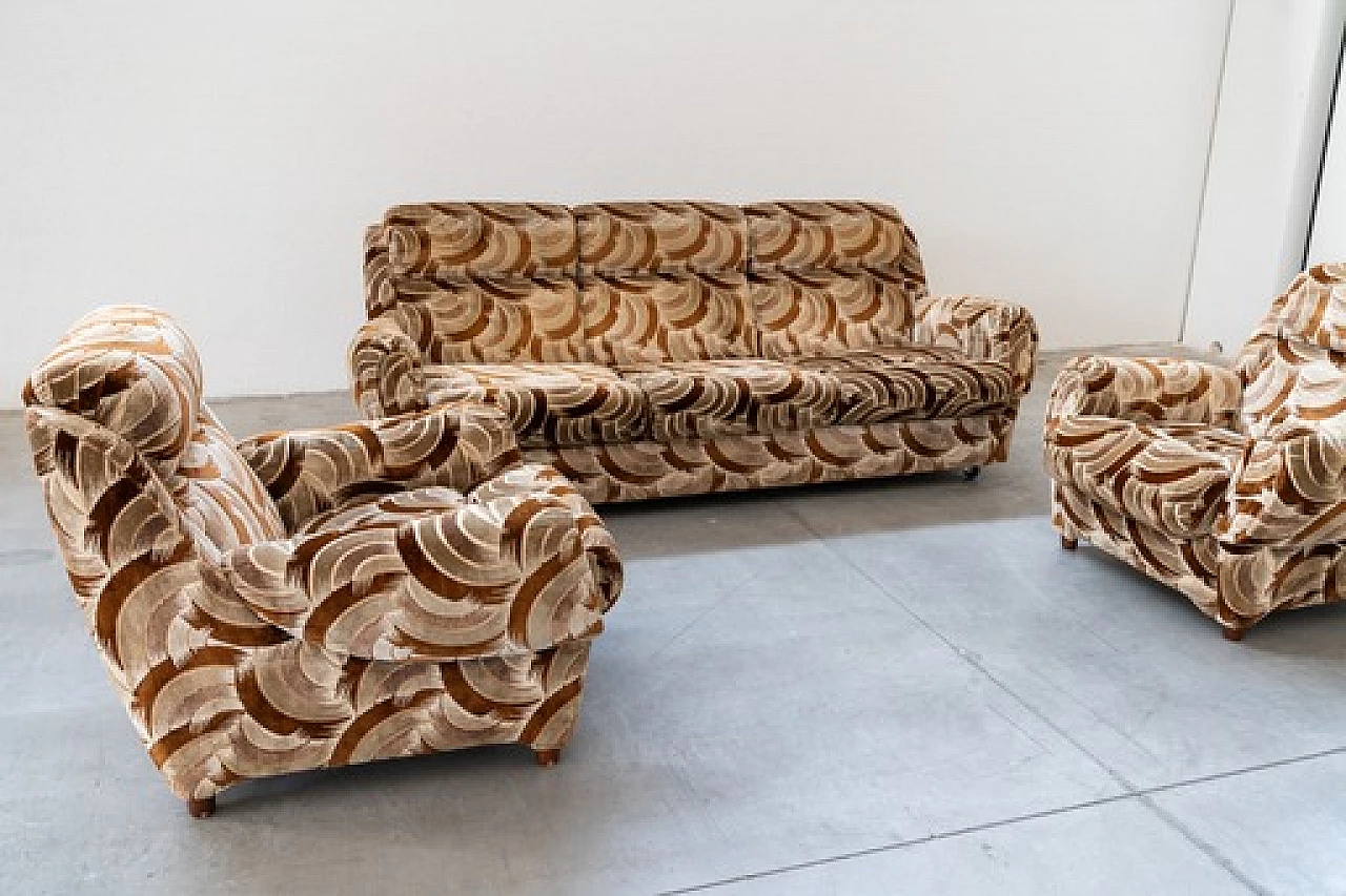 Divano-letto a tre posti e coppia di poltrone in ciniglia, anni '70 1