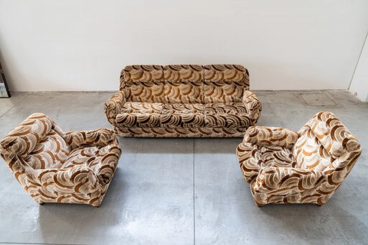 Divano-letto a tre posti e coppia di poltrone in ciniglia, anni '70 3