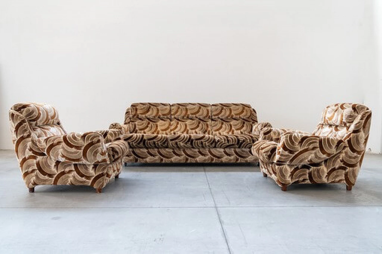 Divano-letto a tre posti e coppia di poltrone in ciniglia, anni '70 10