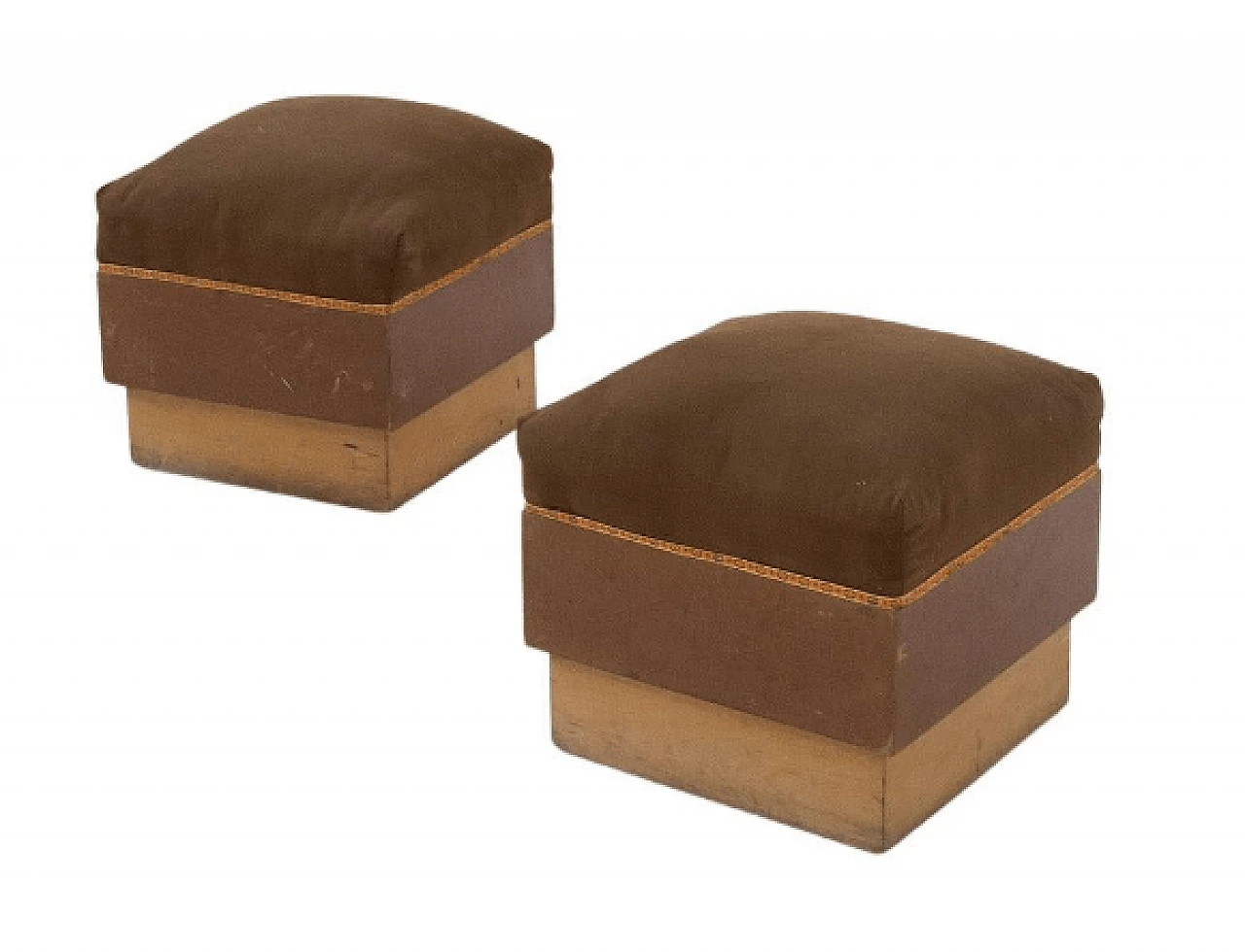 Pair of Art Deco wood and brown fabric poufs, 1930s 1