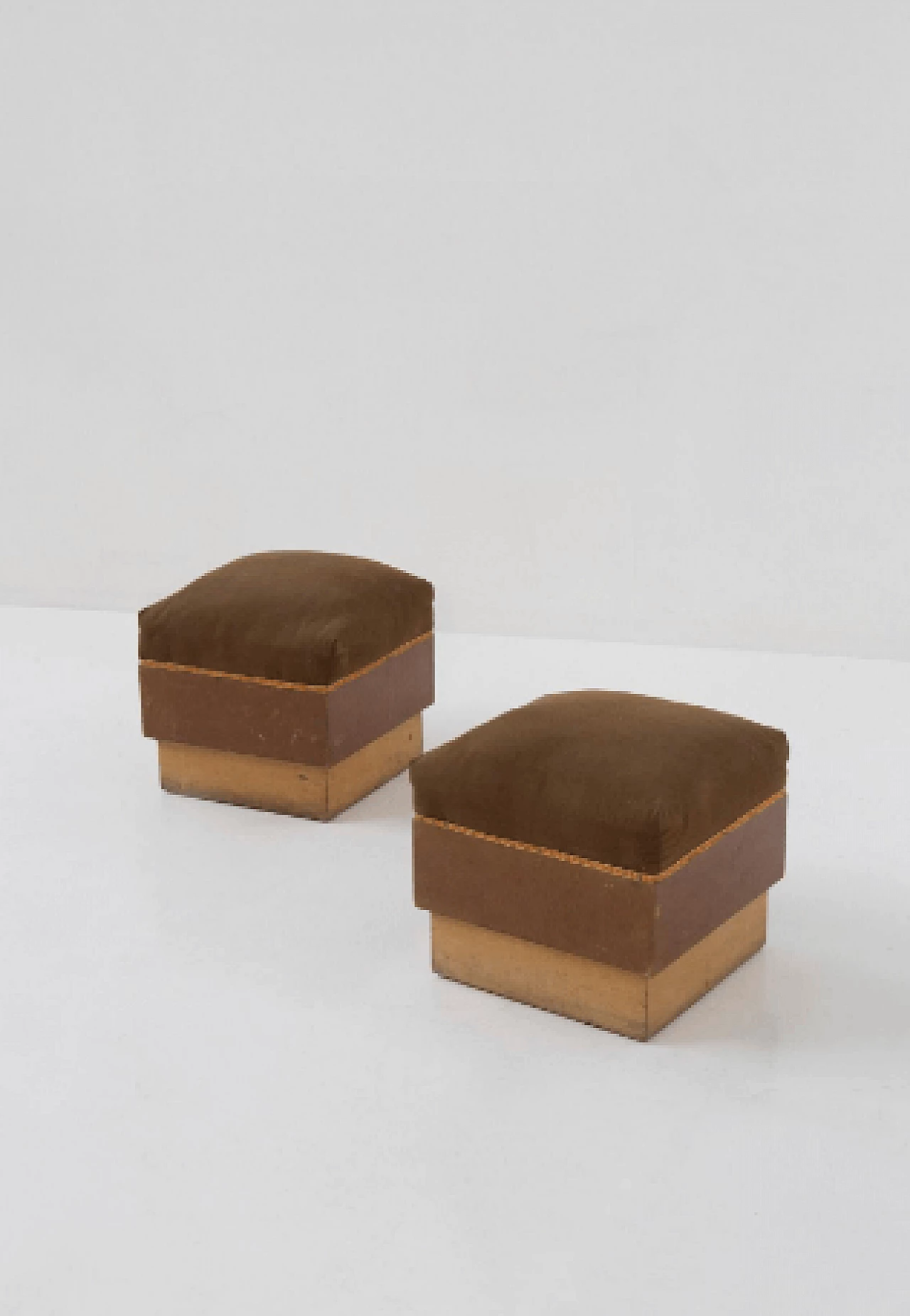 Pair of Art Deco wood and brown fabric poufs, 1930s 2