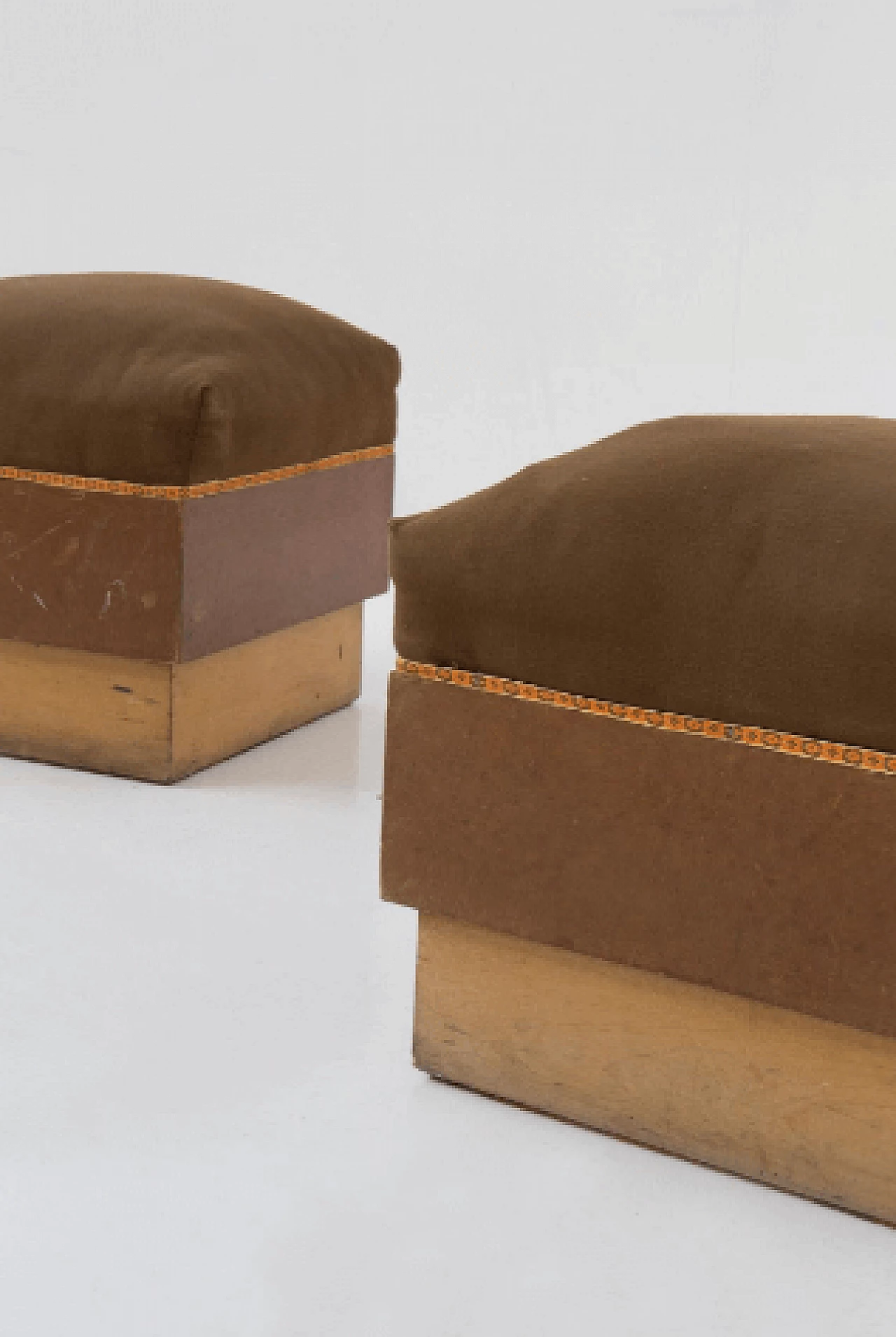 Pair of Art Deco wood and brown fabric poufs, 1930s 3