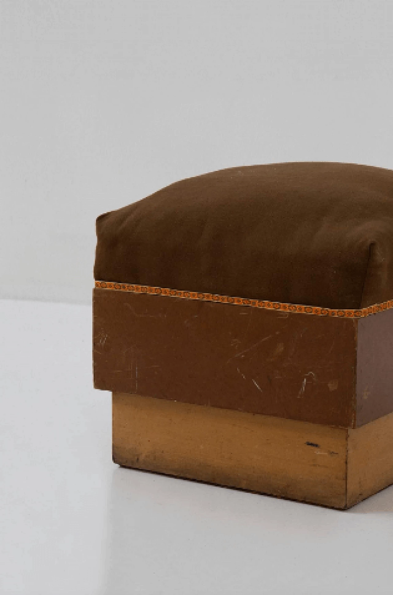 Pair of Art Deco wood and brown fabric poufs, 1930s 5