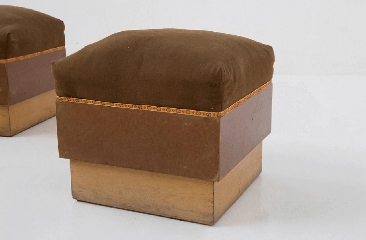 Pair of Art Deco wood and brown fabric poufs, 1930s 6