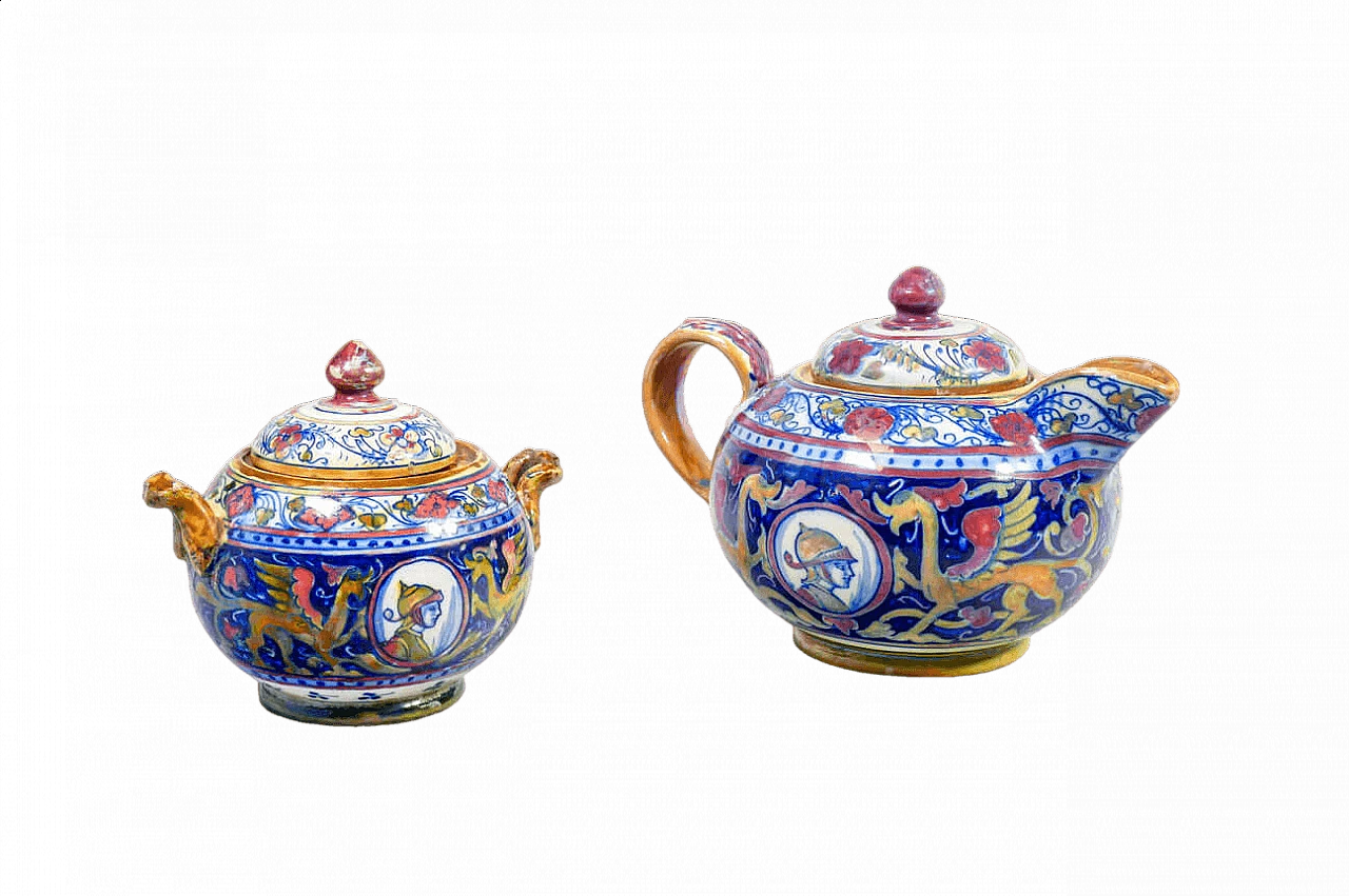 Ceramic teapot and sugar bowl by Mastro Giorgio Gualdo Tadino, early 20th century 16