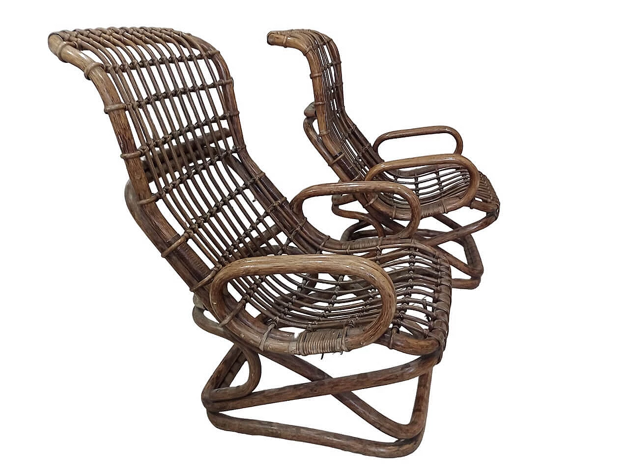 Pair of wicker and bamboo armchairs attributed to Tito Agnoli for Ratti, 1960s 4