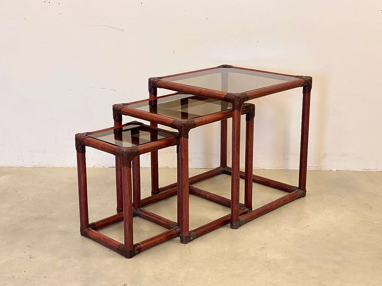 3 Nest tables in bamboo, leather and smoked glass, 1970s 1
