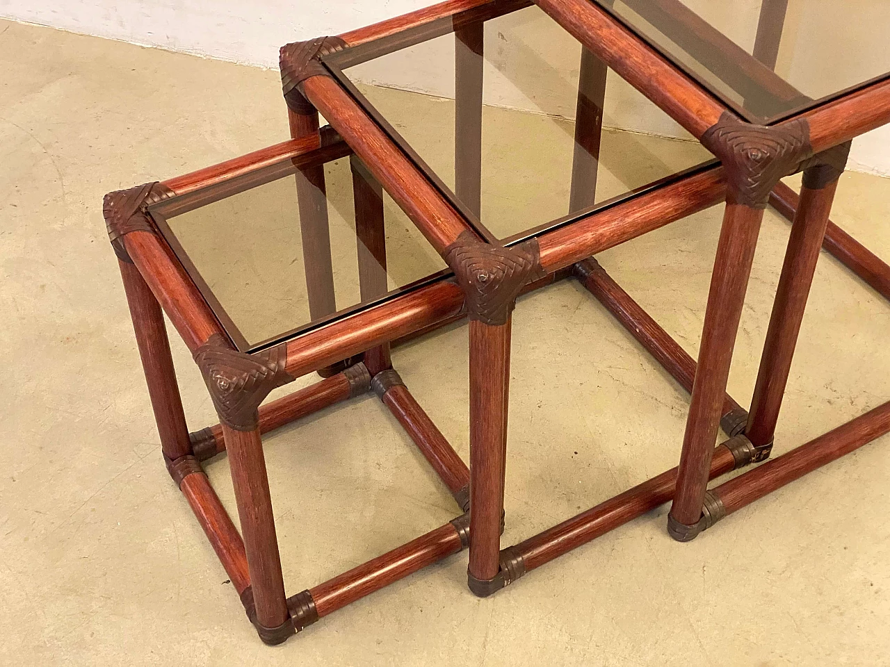 3 Nest tables in bamboo, leather and smoked glass, 1970s 2