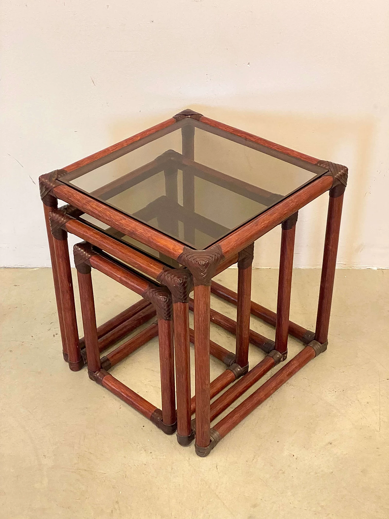 3 Nest tables in bamboo, leather and smoked glass, 1970s 4