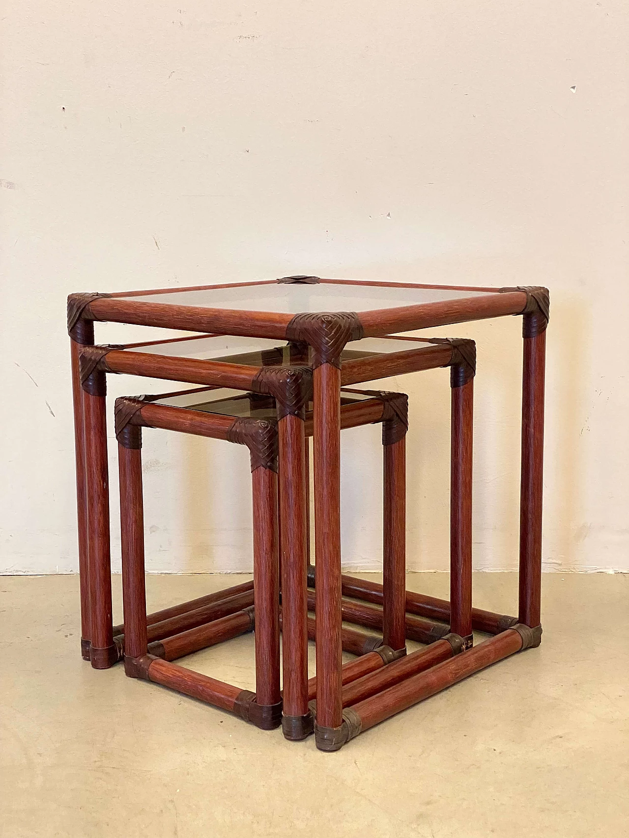 3 Nest tables in bamboo, leather and smoked glass, 1970s 5