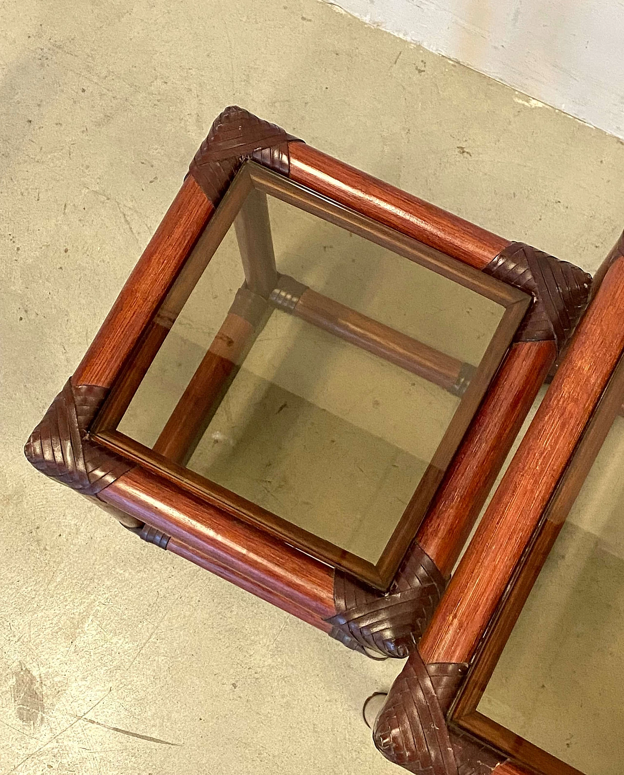 3 Nest tables in bamboo, leather and smoked glass, 1970s 6