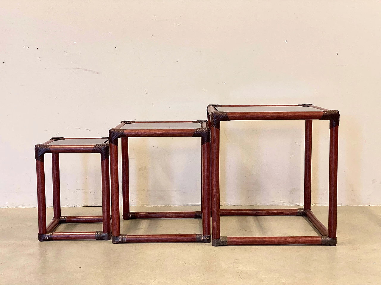 3 Nest tables in bamboo, leather and smoked glass, 1970s 7