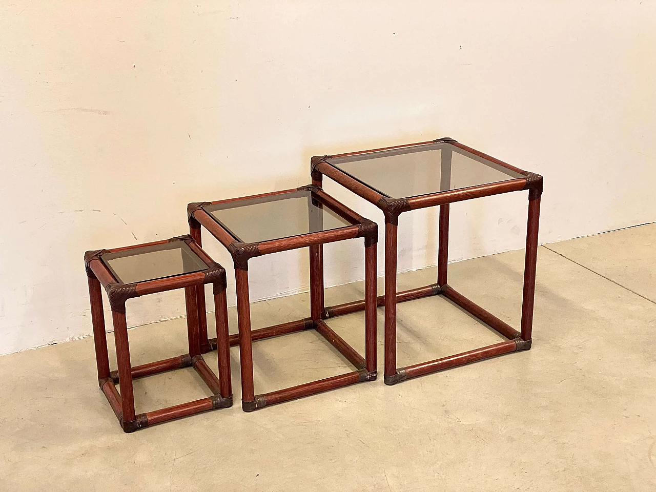 3 Nest tables in bamboo, leather and smoked glass, 1970s 8