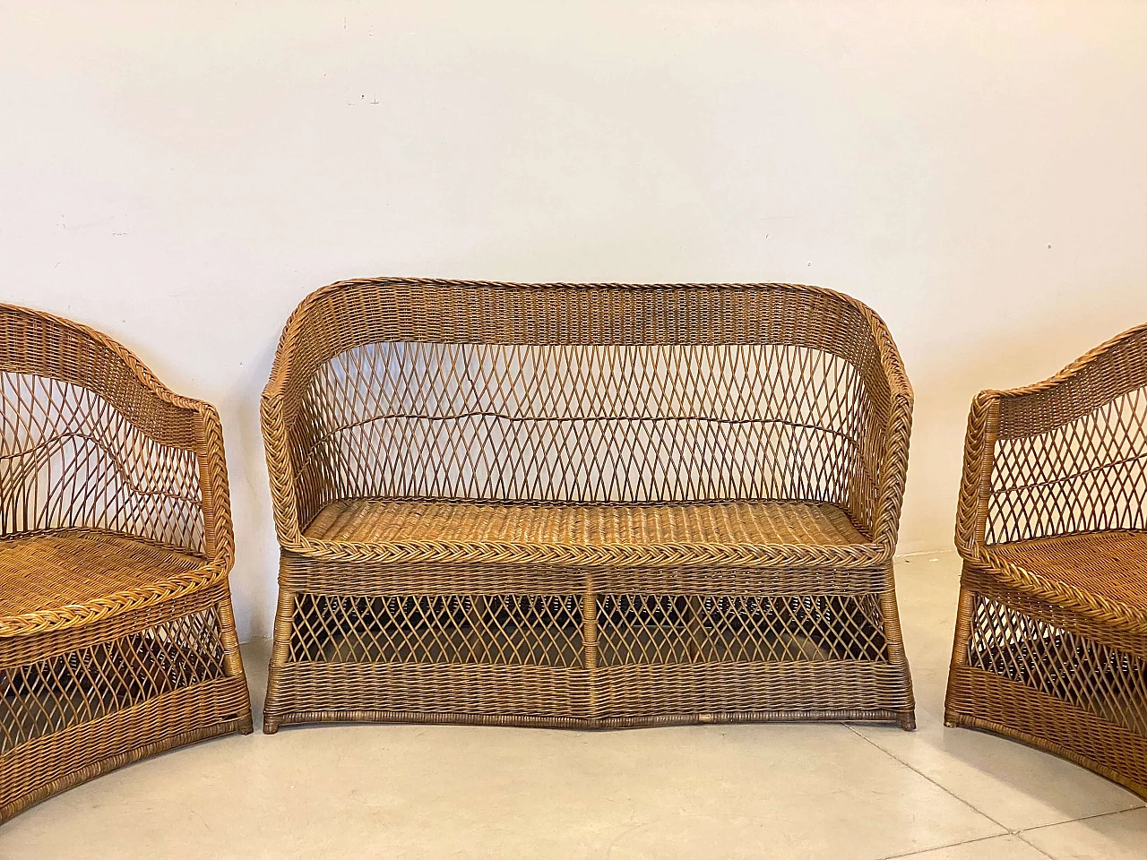 4 Armchairs and sofa in wicker and bamboo, 1970s 1