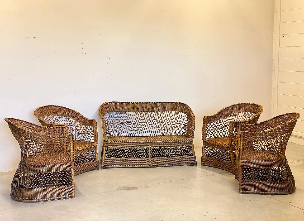 4 Poltrone e divano in vimini e bambù, anni '70 2