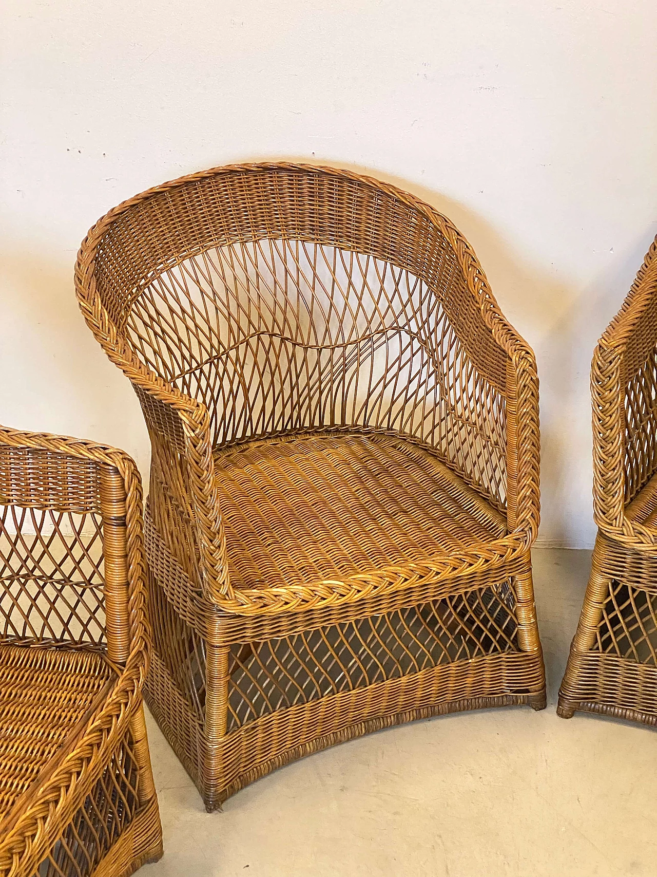 4 Armchairs and sofa in wicker and bamboo, 1970s 3