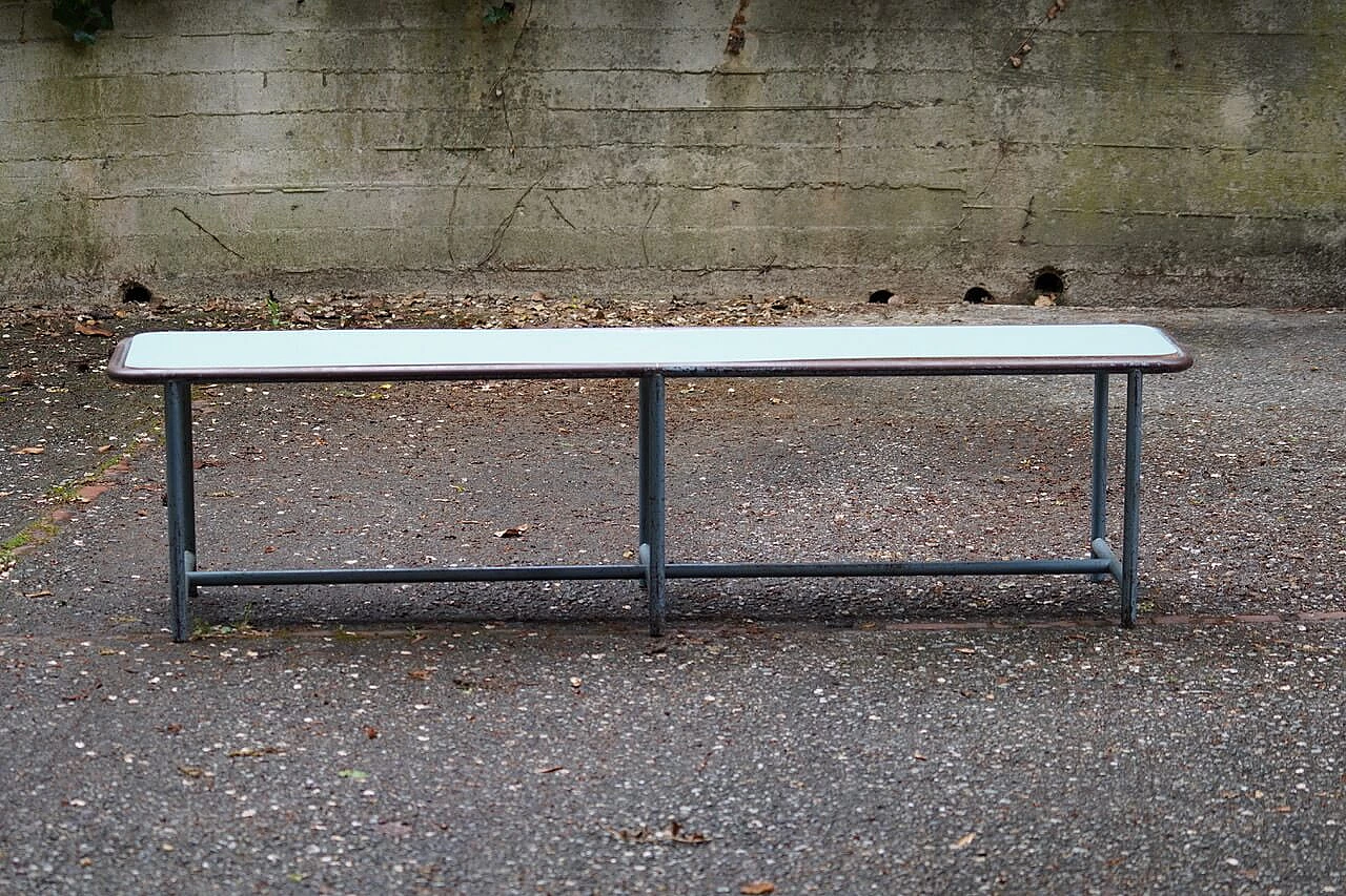 Metal and green formica dressing room bench, 1950s 1