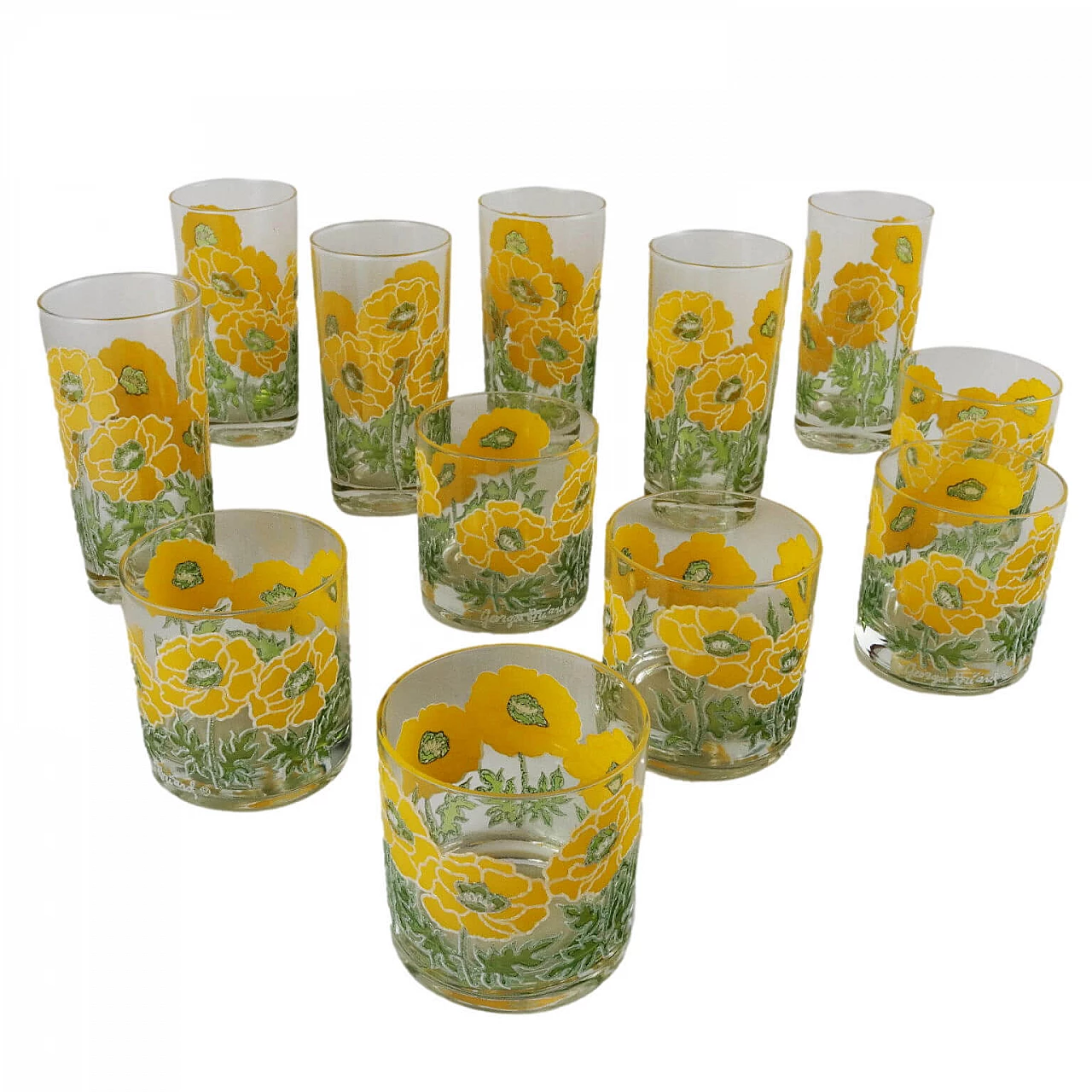 12 Glass tumblers with yellow flowers by Georges Briard 1
