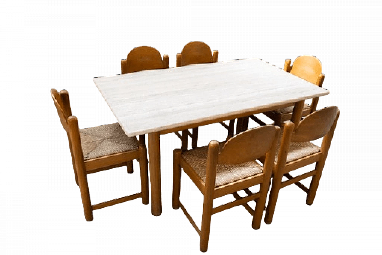 6 Sedie Padova e tavolo in rovere e marmo di Hank Lowenstein, anni '70 32