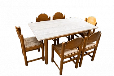 6 Sedie Padova e tavolo in rovere e marmo di Hank Lowenstein, anni '70