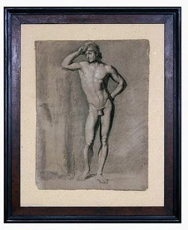 Male nude study, charcoal and pencil drawing on paper, early 19th century