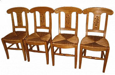 4 Honey walnut chairs with straw seats, 2000s