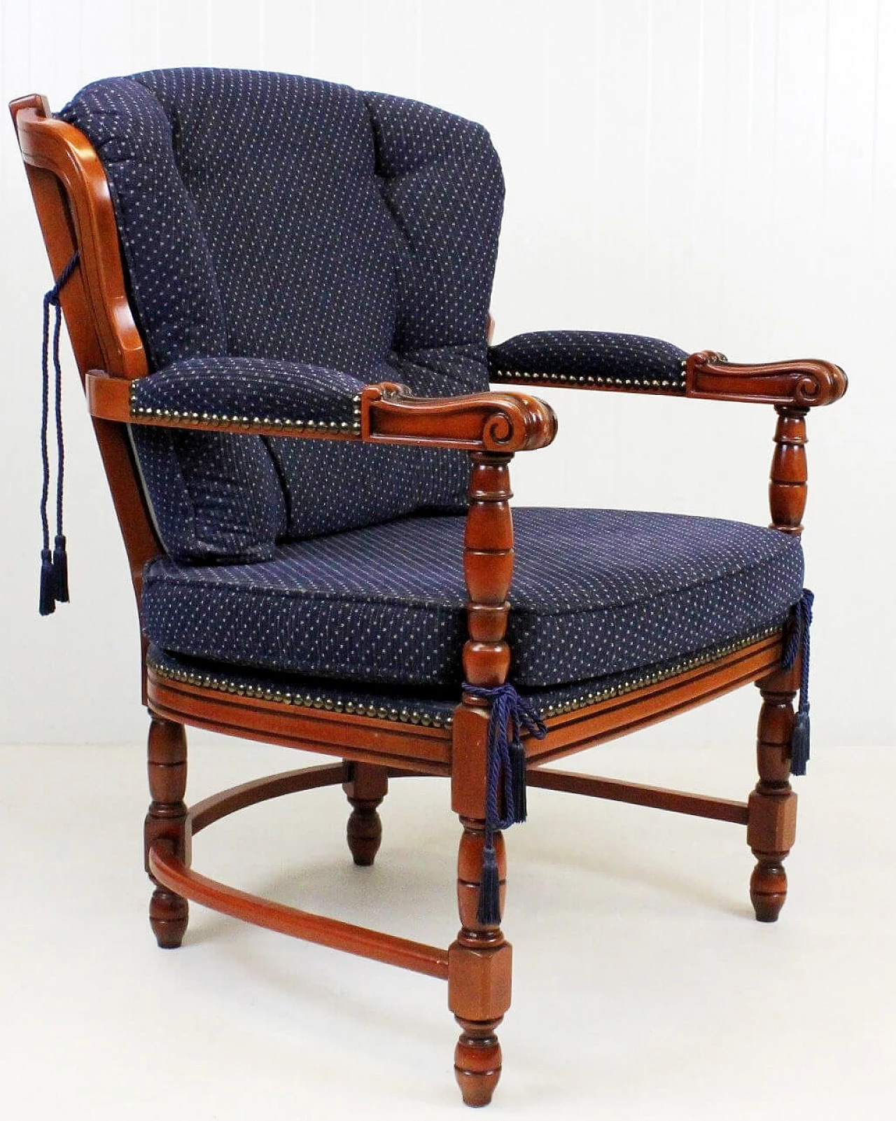 Regency style wood and blue fabric armchair, 1950s 1