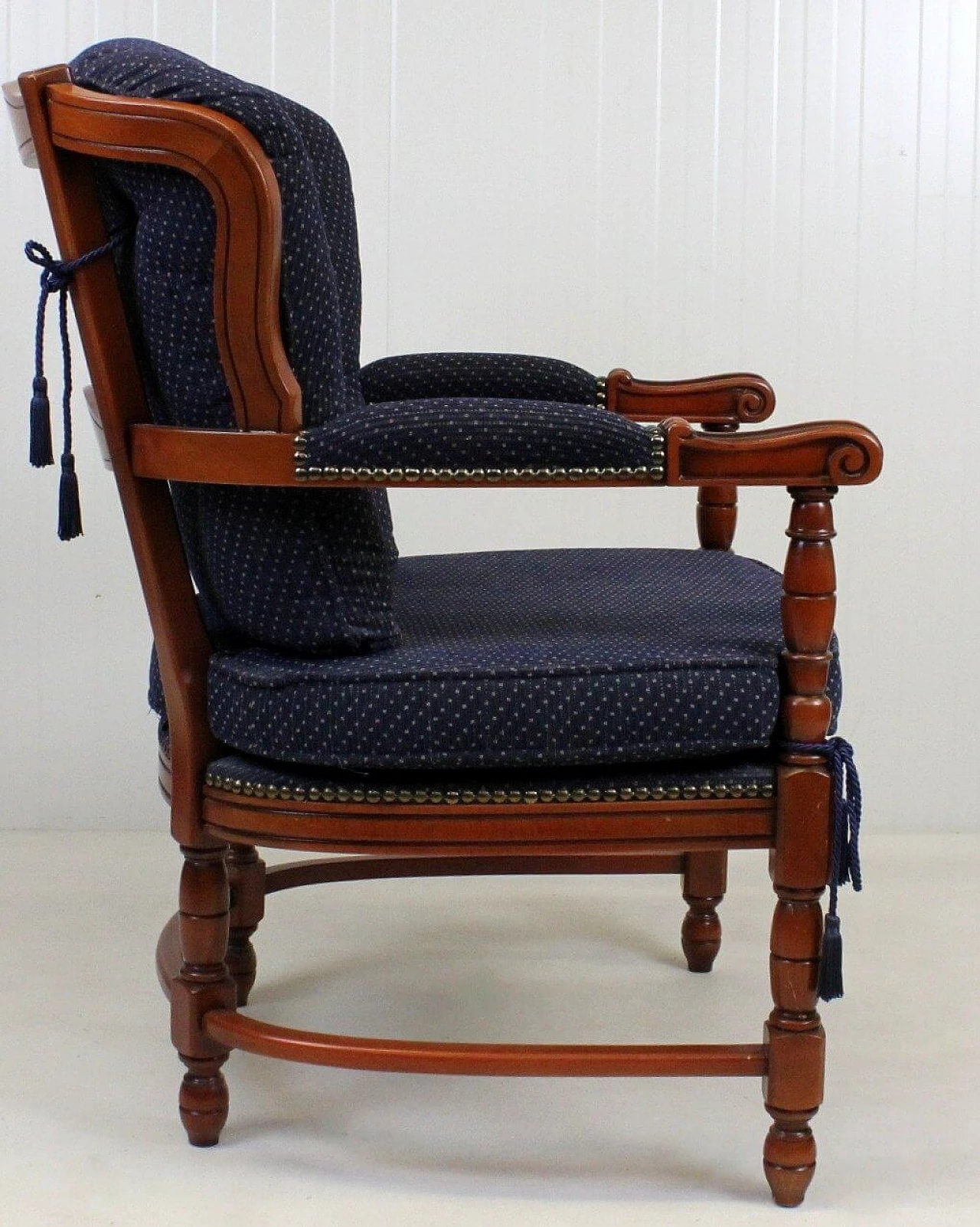 Regency style wood and blue fabric armchair, 1950s 7
