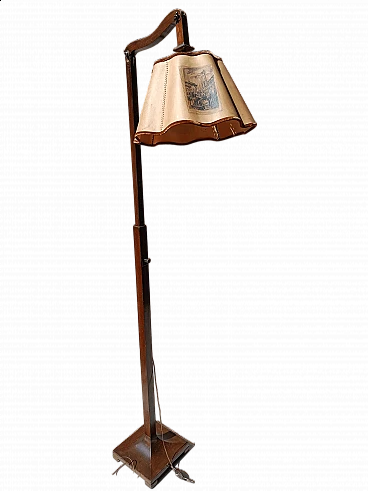 Wooden floor lamp with celluloid shade with postcards of Milan, 1940s