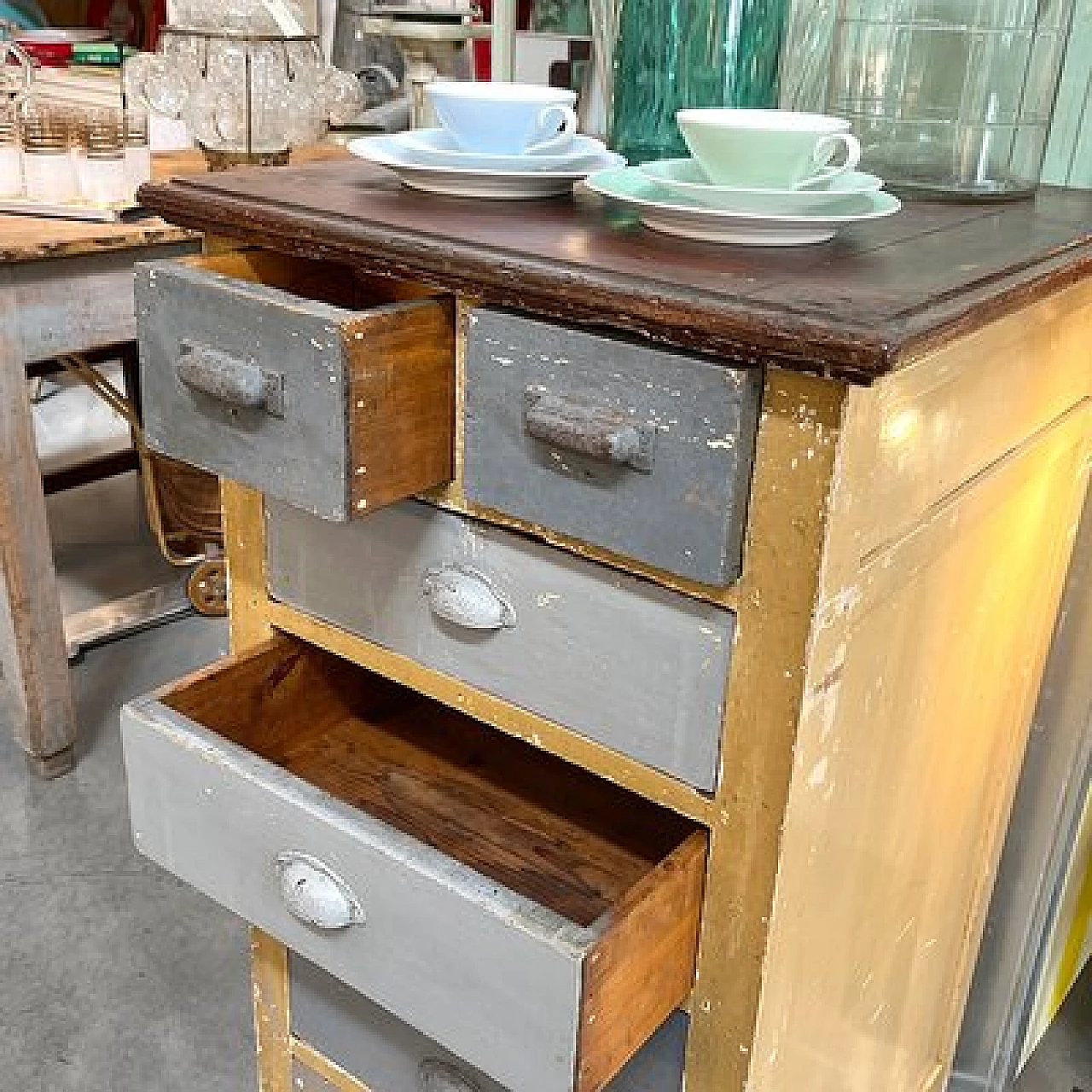 Brown and gray wood industrial optician's chest of drawers, 1950s 3