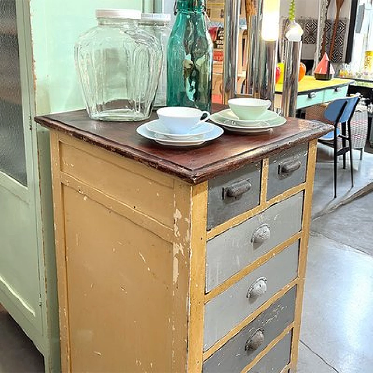Brown and gray wood industrial optician's chest of drawers, 1950s 4