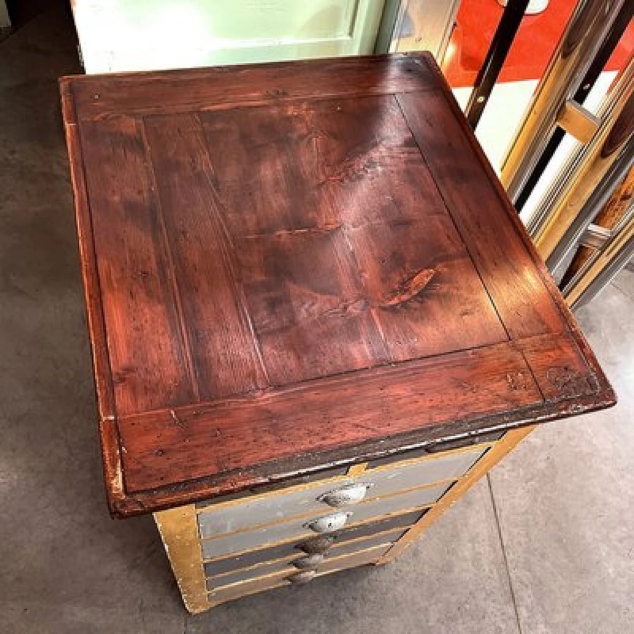 Brown and gray wood industrial optician's chest of drawers, 1950s 6