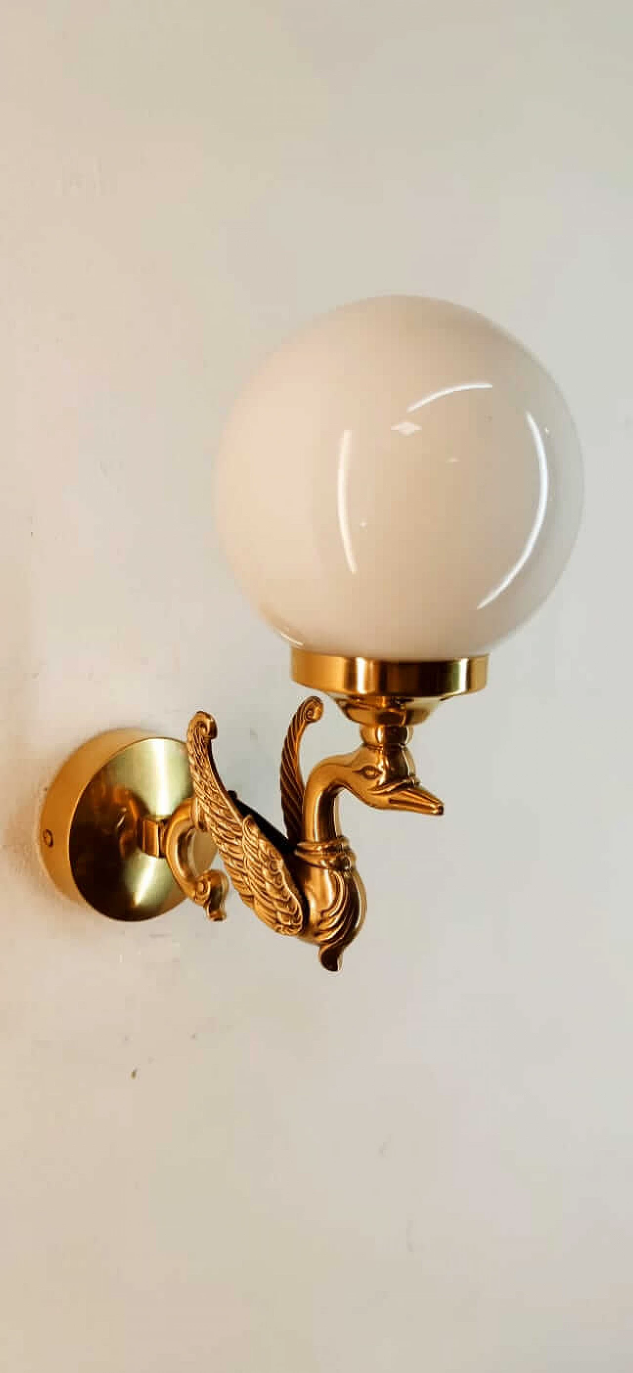 Wall light with brass swan and spherical glass diffuser, 1960s 1
