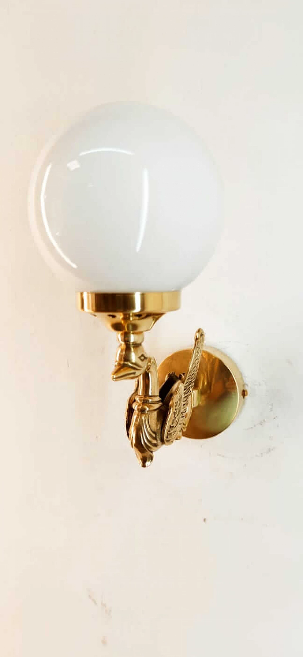 Wall light with brass swan and spherical glass diffuser, 1960s 2